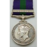British Army General Service Medal with clasp for Malaya, named to 14186838 Gnr A Jones, Royal