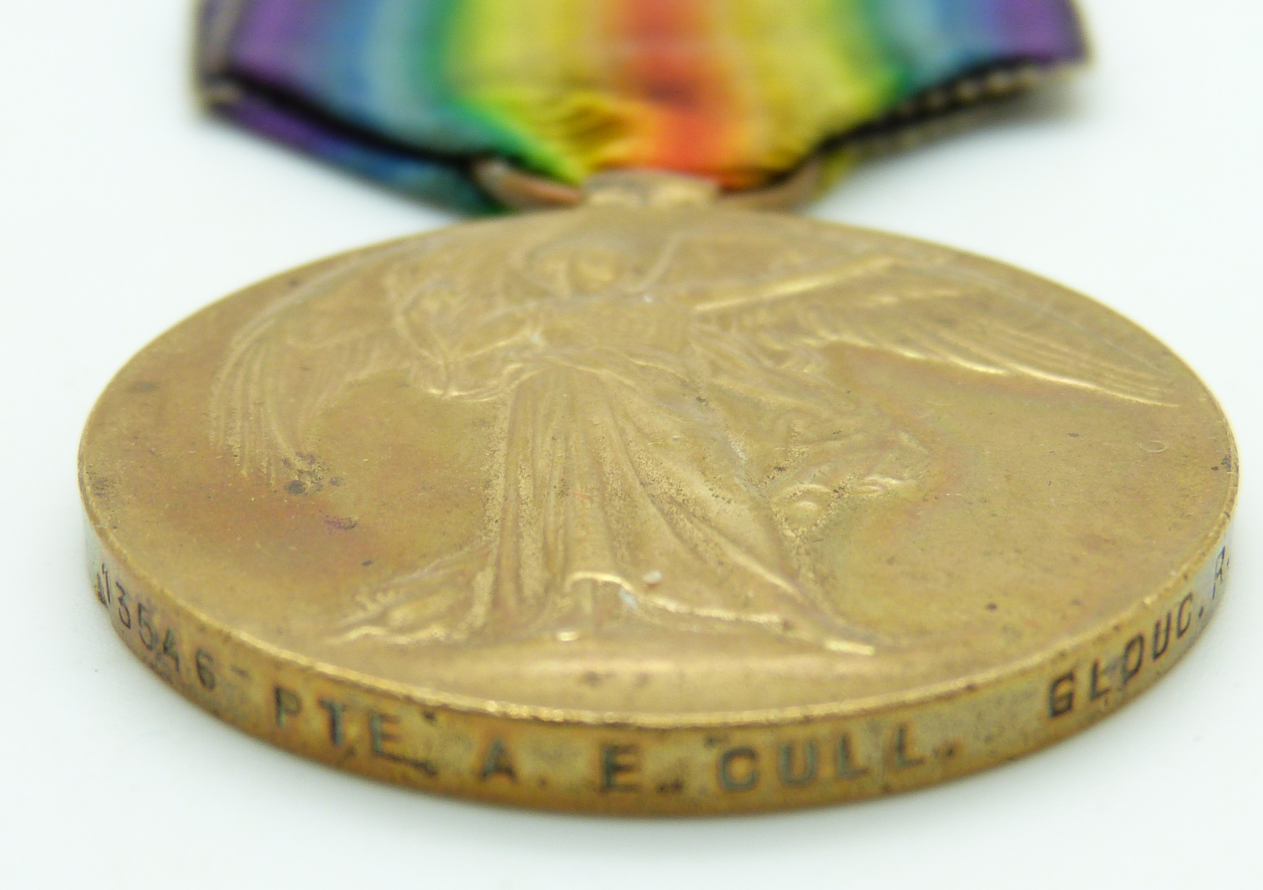 British Army WWI Victory Medal named to 13546 Pte A E Cull Glosters/ Gloucestershire Regiment - Image 4 of 4