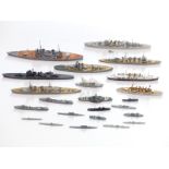 Twenty-two Neptun and similar diecast and wooden model waterline ships including Roon, Enterprise,