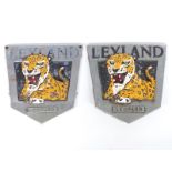 Two Leyland Leopard coach enamel and chrome coach or bus badges, height 19cm