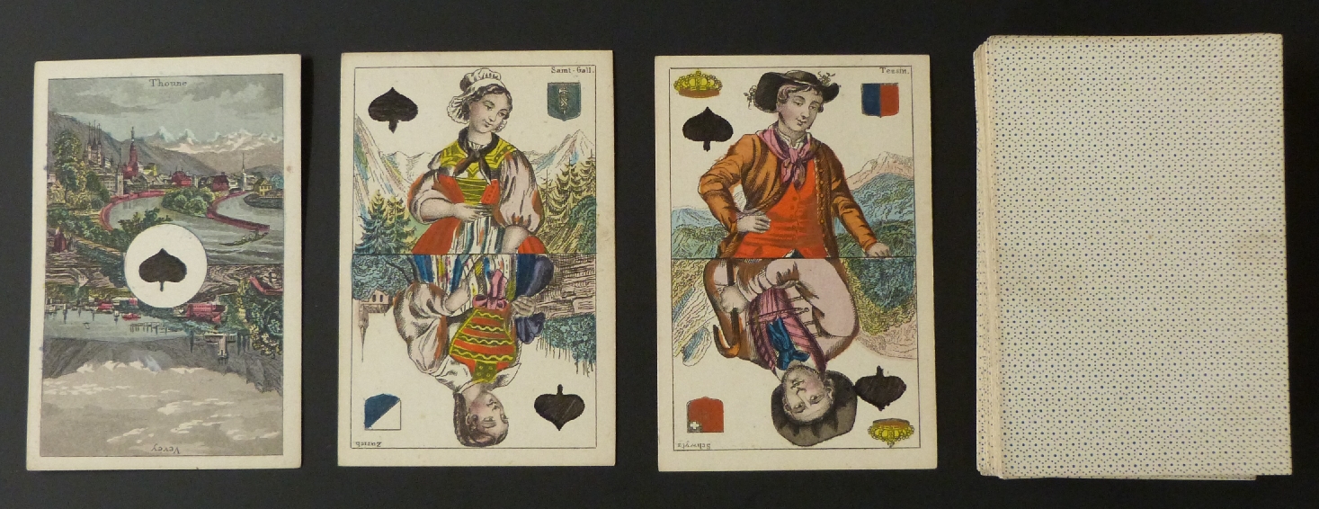 C.L.Wust, Frankfurt, Germany playing cards. Swiss Cantons pack with scenic aces and courts dressed