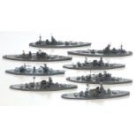 Eight Neptun diecast model waterline ships including Barham, Rodney, Malaya etc, largest 18cm long