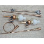 Copper and brass wall lamps, hunting horns etc