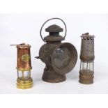 Lucas King of the Road no 742 veteran or early motor car lamp and two mining lamps, height 35cm