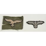 Two German Third Reich eagle, cloth insignia, one SS officer, the other Luftwaffe paratrooper