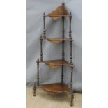 Victorian four tier inlaid walnut corner whatnot. W57 x H130cm