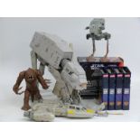 Five Star Wars action figures and vehicles including Imperial AT-ST, in original box, AT-AT Walker