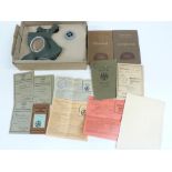 WWII German/Nazi Third Reich ephemera including ID cards and a civilian gas mask in box