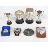 Collection of Rolls Royce interest items to include desk clock, pin tray and trophies