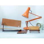 Retro lot including Anglepoise style lamp 1960s, book troughs, Smiths clock