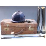 Vintage leather suitcase, riding boots, hat and two crops