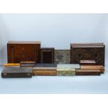 Collection of inlaid brass bound, mother of pearl and carved boxes and cased cutlery
