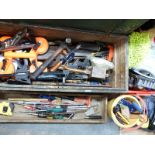 Vintage pine tool chest and contents including Stanley plane, electric sander etc