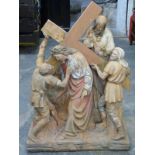 19th/20thc terracotta religious group of Jesus carrying the cross. W73 x D34 x H105cm