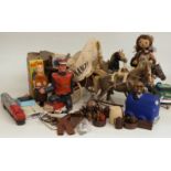 A collection of toys and games including Sindy horses, doll, Lima 00 gauge Santa Fe train etc
