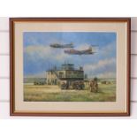 Joe Crowfoot oil USAAF bombers flying over airfield control tower, signed lower left, 29.5 x 39cm
