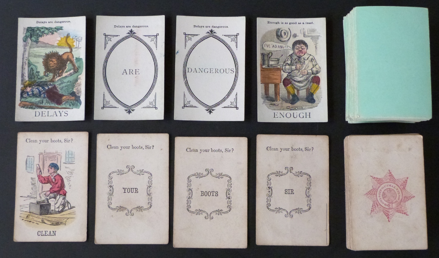 Jaques & Son, London playing cards. The New Game of Illustrated Proverbs. Second series. Plain green