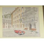 Bill Francis watercolour Morgan sports car in front of an alpine or similar hotel, signed and