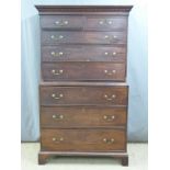 Georgian mahogany chest on chest with two over six graduated drawers and dentil cornice raised on