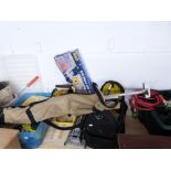 Collection of tools including extension lead, jump leads, decorating materials etc