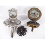 Two Calometer or Calormeter vintage car temperature gauges and an Austine Seven radiator cap