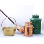 Brass and copper jam pan, warming pan and a metal churn