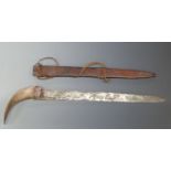 African goat horn handled short sword with 45cm blade and leather scabbard