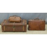 Ash bound trunk leather case and a Gladstone bag. Largest 81 x 50cm