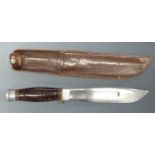 William Rodgers bowie knife with 20cm blade and banded handle, in leather scabbard.