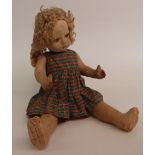 Dean's Rag Book cloth doll with pressed moulded face, painted features, blonde hair and tartan