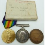 British Army WWI medals comprising War Medal and Victory Medal named to 4805 Pte H F Thompson