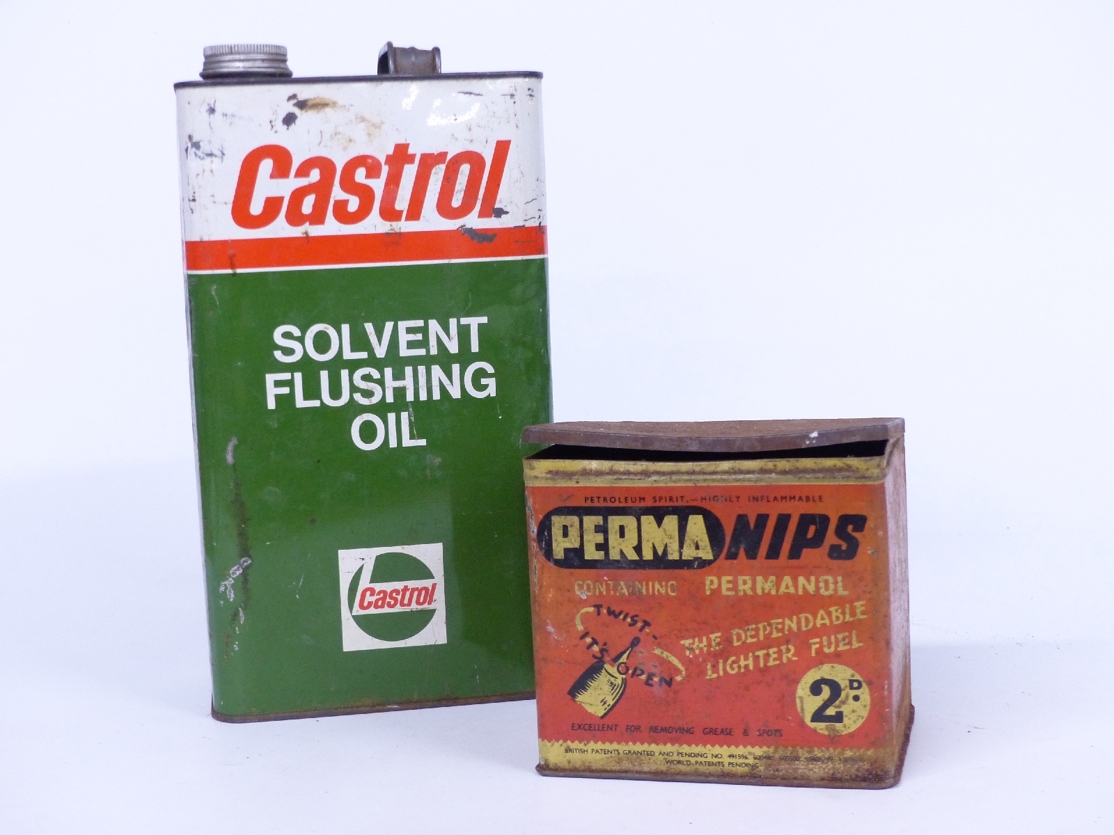 Castrol solvent flushing oil vintage 1 gallon can and a Permanips lighter fuel tin