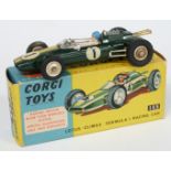 Corgi Toys diecast model Lotus-Climax Formula 1 Racing Car with green body, yellow stripe, white and
