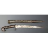 Eastern wire inlaid short stabbing sword with 27cm blade, in wooden scabbard.