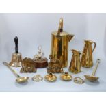 Brass hand bell, kettle, graduated jugs and elephant bookends, oak cruet etc