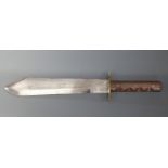 Wells Fargo Bowie knife with engraved 26.5cm blade, brass hilt and wooden handle.