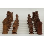 An early English antique rosewood and boxwood monoblock chess set, c1800, height of King 9.5cm