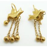 A pair of yellow metal Victorian earrings in the form of a dove, 4.5g