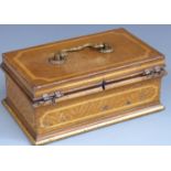 19thC Japanned wood effect steel cigar box/humidor with ornate brass handle, width 27cm
