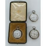 Three silver pocket watches including one keyless winding in H W Bedford box and Kay's Famous Lever,