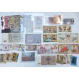 A collection of overseas banknotes etc, to include Polish, Russian, German, Notgeld, Chinese, Hell