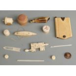 19thC ivory dance card/pencil set, Chinese ivory sewing vice, sewing items, tape measure, pin