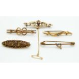 Three 9ct gold Edwardian brooches one set with turquoise, one garnet and seed pearls (5.7g) and