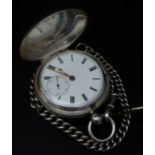 English hallmarked silver full hunter pocket watch with inset subsidiary seconds dial, black Roman