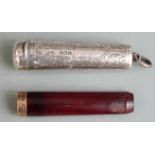 George V cherry amber cheroot holder with 9ct gold mount, in hallmarked silver case with engraved