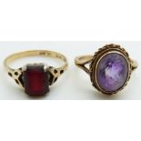 A 9ct gold ring set with an amethyst and a 9ct gold and silver ring 5.1g