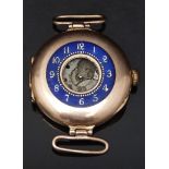 9ct gold ladies half hunter wristwatch with gold inlaid Arabic numerals to the blue enamel chapter