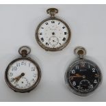 Three keyless winding open faced pocket watches including a Helvetia military watch marked 'G.S.T.P.