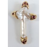 An 18ct gold cross pendant set with a pearl and rubies, 4 x 2.4cm