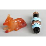 A carnelian agate dog or fox, length 3.5cm and a Venetian glass bead or miniature vase